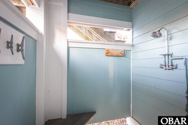 bathroom featuring wooden walls