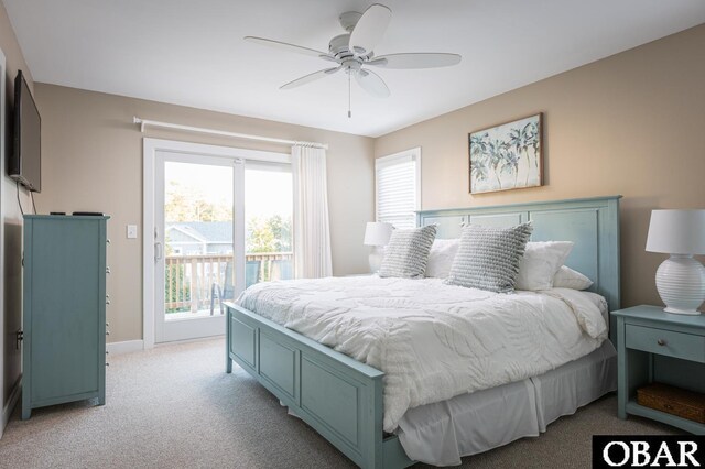 bedroom featuring access to outside, baseboards, ceiling fan, and light colored carpet