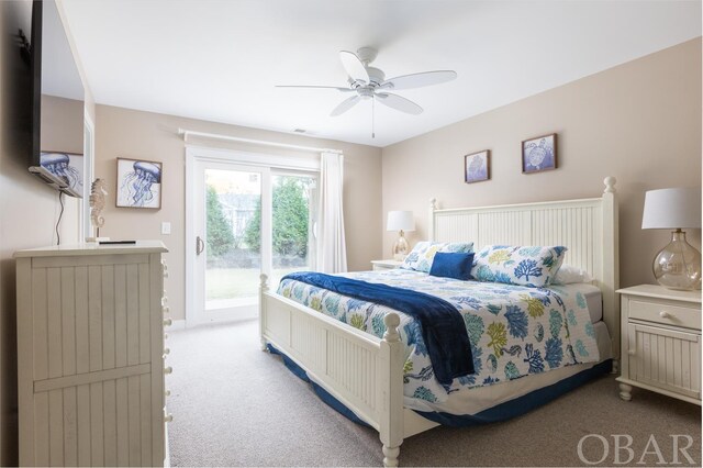 bedroom with a ceiling fan, access to outside, and light colored carpet