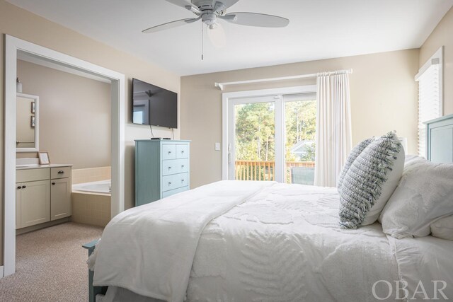 bedroom with ceiling fan, light colored carpet, and access to exterior