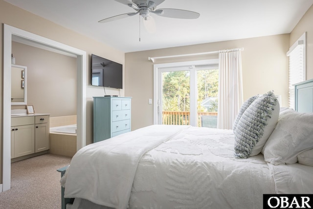 bedroom with access to exterior, carpet flooring, ceiling fan, and connected bathroom
