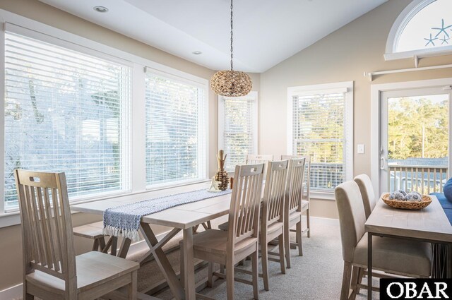 dining area featuring lofted ceiling, carpet floors, a wealth of natural light, and baseboards