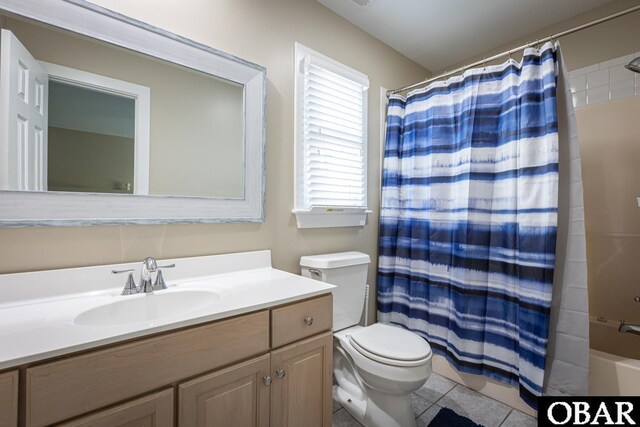 full bath with shower / bath combination with curtain, vanity, toilet, and tile patterned floors