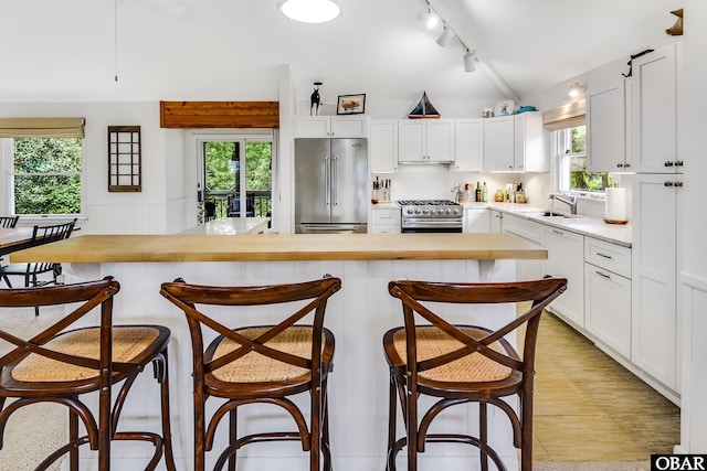 1127 Brumsey Ct Lot 324, Corolla, NC 27927 - kitchen featuring high quality appliances, light countertops, a kitchen bar, and rail lighting