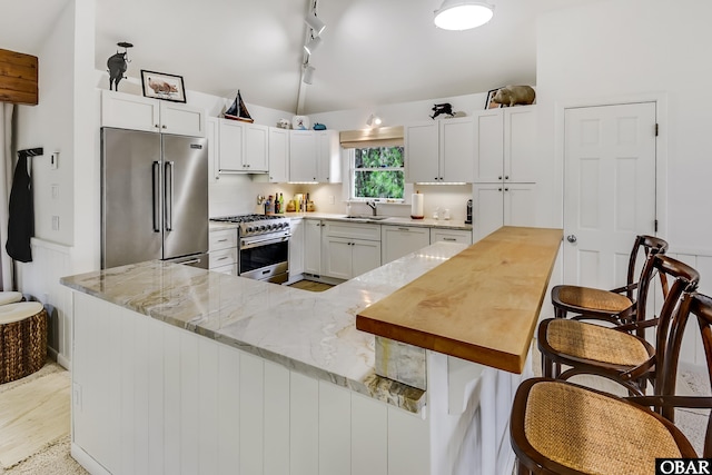 1127 Brumsey Ct Lot 324, Corolla, NC 27927 - kitchen featuring high end appliances, light stone counters, a kitchen bar, white cabinetry, and light wood-type flooring