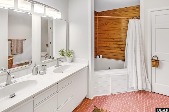 1127 Brumsey Ct Lot 324, Corolla, NC 27927 - full bath featuring double vanity, shower / bath combination with curtain, wood walls, and tile patterned floors