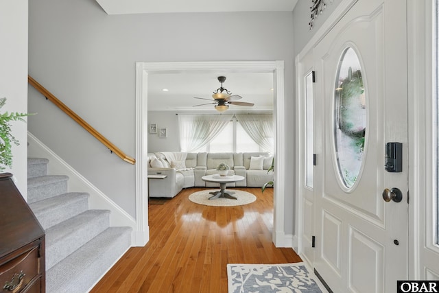 109 Cooper Landing Dr Lot 7, Aydlett, NC 27916 - foyer entrance featuring ceiling fan, stairs, light wood-type flooring, and baseboards
