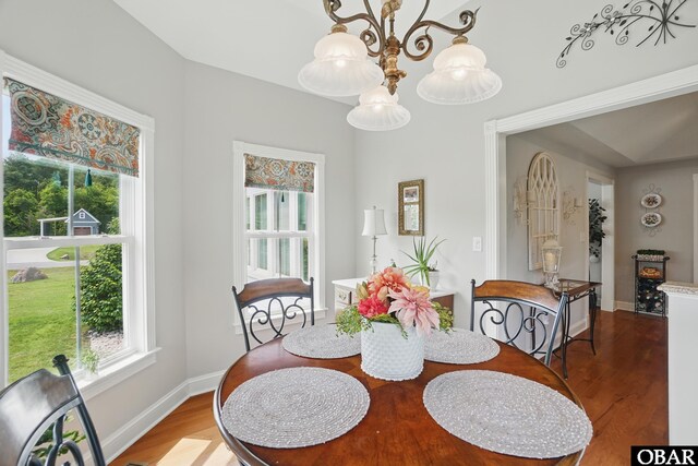 109 Cooper Landing Dr Lot 7, Aydlett, NC 27916 - dining area featuring wood finished floors, plenty of natural light, a chandelier, and baseboards