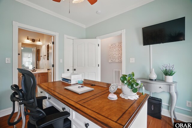 109 Cooper Landing Dr Lot 7, Aydlett, NC 27916 - office area featuring ornamental molding, ceiling fan, baseboards, dark wood-type flooring, and a sink