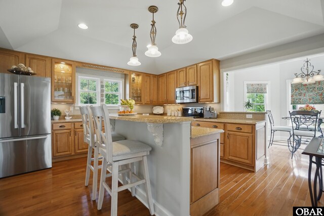 109 Cooper Landing Dr Lot 7, Aydlett, NC 27916 - kitchen with appliances with stainless steel finishes, wood finished floors, glass insert cabinets, light stone counters, and a center island