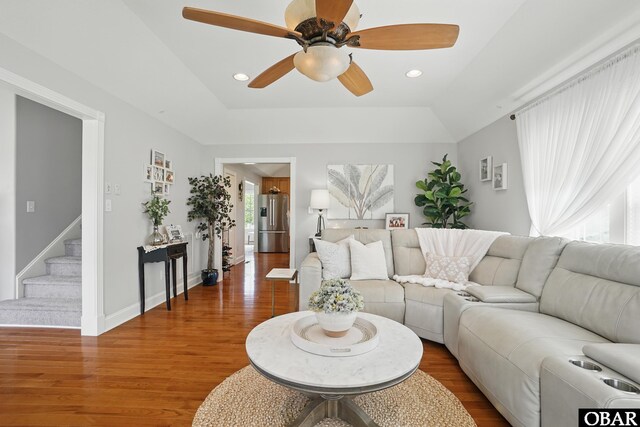109 Cooper Landing Dr Lot 7, Aydlett, NC 27916 - living room with wood finished floors, a ceiling fan, recessed lighting, stairway, and baseboards