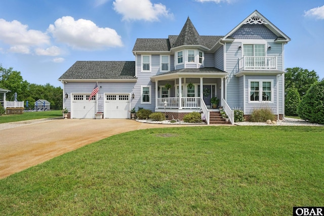 109 Cooper Landing Dr Lot 7, Aydlett, NC 27916 - victorian home featuring covered porch, an attached garage, concrete driveway, a front yard, and roof with shingles