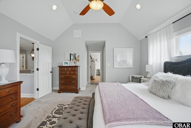 109 Cooper Landing Dr Lot 7, Aydlett, NC 27916 - bedroom with light colored carpet, lofted ceiling, baseboards, and a ceiling fan