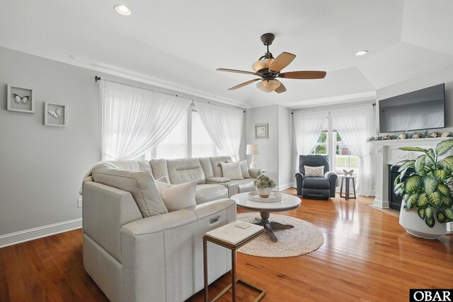 109 Cooper Landing Dr Lot 7, Aydlett, NC 27916 - living room featuring ceiling fan, baseboards, wood finished floors, recessed lighting, and a fireplace with flush hearth