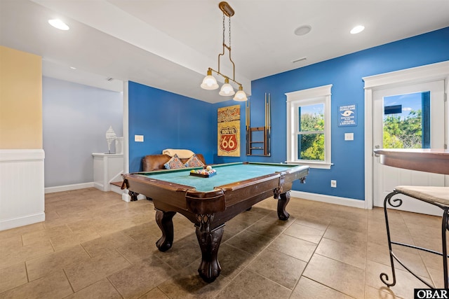 playroom featuring baseboards, recessed lighting, billiards, and tile patterned floors