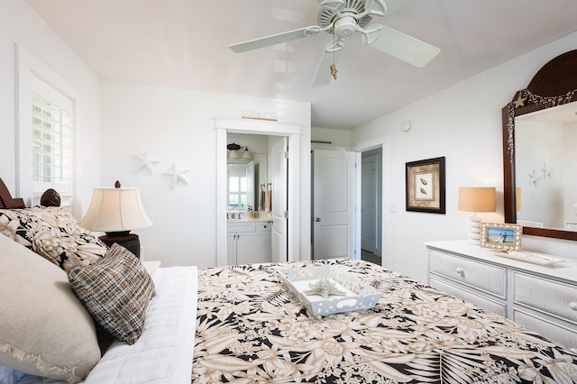 bedroom featuring ceiling fan and ensuite bath