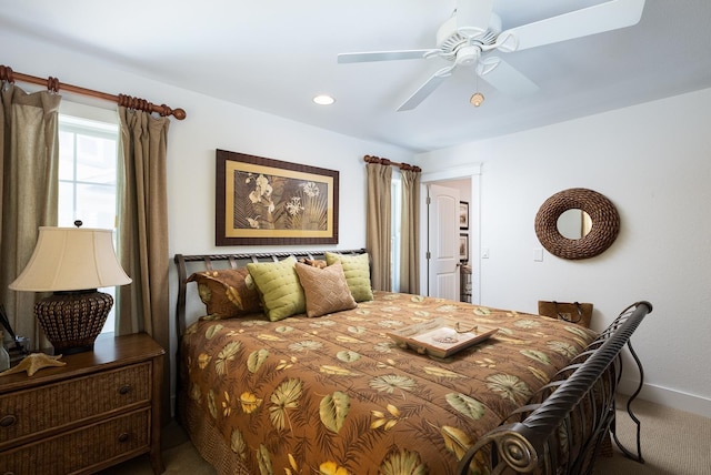 carpeted bedroom with recessed lighting and ceiling fan