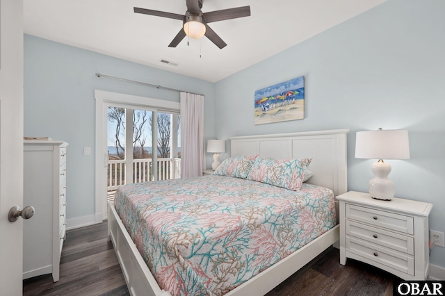 bedroom with dark wood-type flooring, access to exterior, visible vents, and baseboards