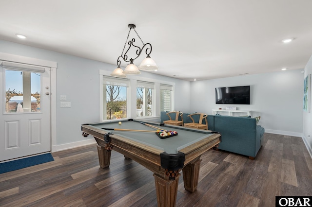 recreation room featuring recessed lighting, baseboards, dark wood-style flooring, and pool table