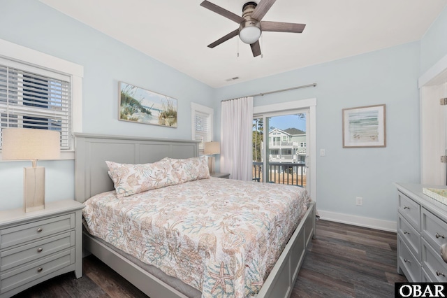 bedroom featuring access to exterior, visible vents, dark wood-type flooring, a ceiling fan, and baseboards