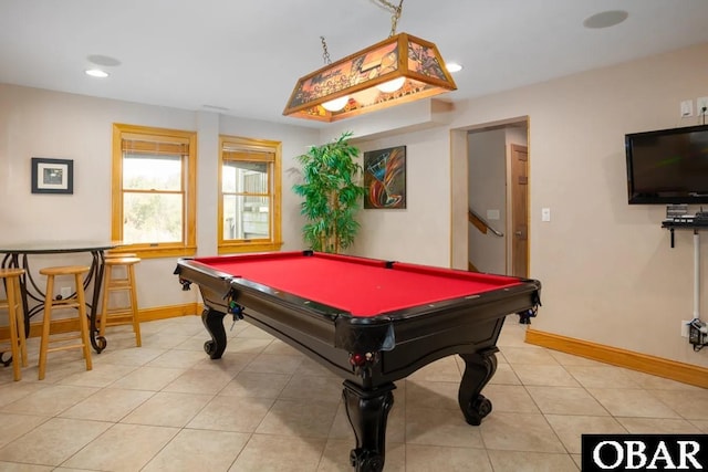 game room with tile patterned floors, recessed lighting, billiards, and baseboards