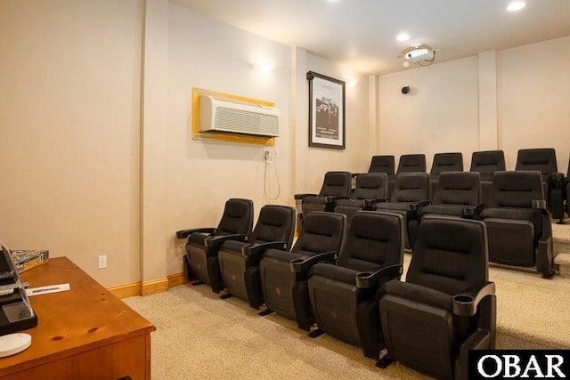 cinema featuring recessed lighting, baseboards, a wall mounted air conditioner, and light carpet