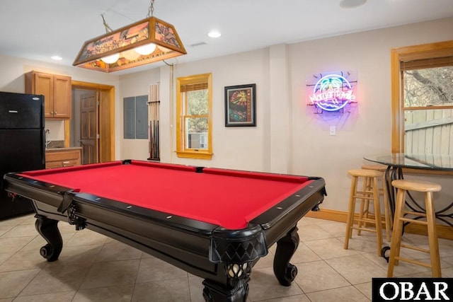 game room featuring light tile patterned floors, recessed lighting, pool table, and baseboards