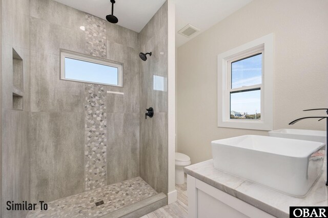 bathroom with toilet, vanity, a tile shower, and visible vents