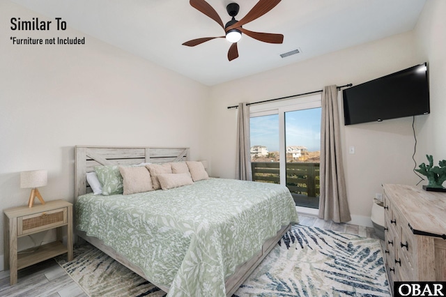 bedroom with ceiling fan, visible vents, and access to exterior