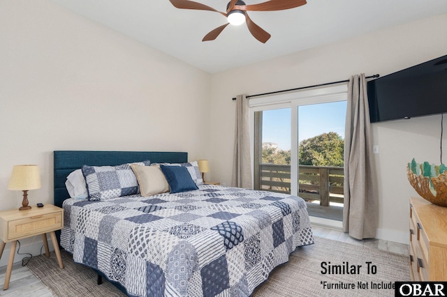 bedroom with light wood-type flooring, access to outside, ceiling fan, and baseboards