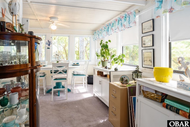 sunroom / solarium with carpet flooring and wooden ceiling