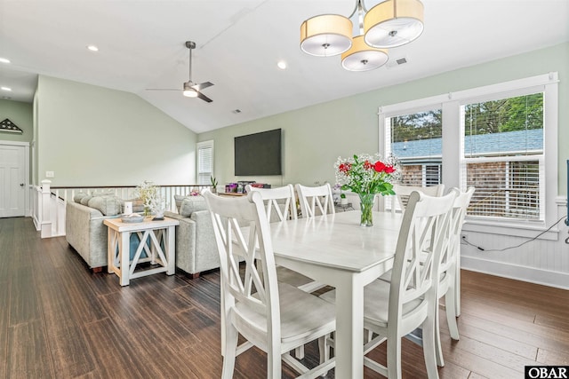 dining room with dark wood-style flooring, recessed lighting, visible vents, vaulted ceiling, and ceiling fan