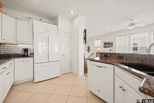 403 Sailfish Dr Unit 403, Manteo, NC 27954 - kitchen with white appliances, ceiling fan, white cabinets, a sink, and recessed lighting