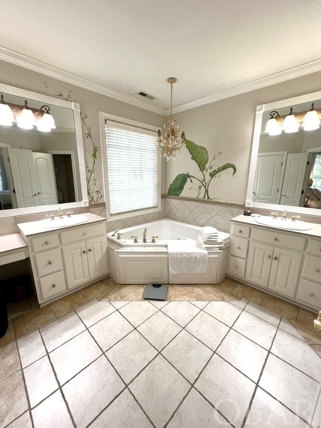 full bath featuring two vanities, visible vents, a sink, and tile patterned floors