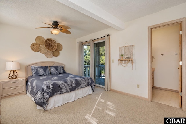 bedroom featuring access to exterior, beam ceiling, light colored carpet, a textured ceiling, and baseboards