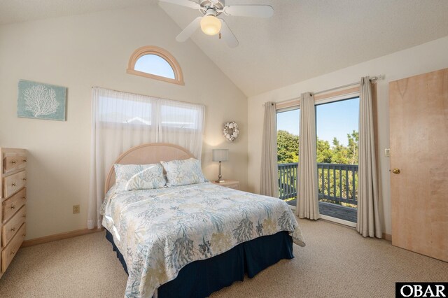 bedroom featuring baseboards, light colored carpet, ceiling fan, access to exterior, and vaulted ceiling