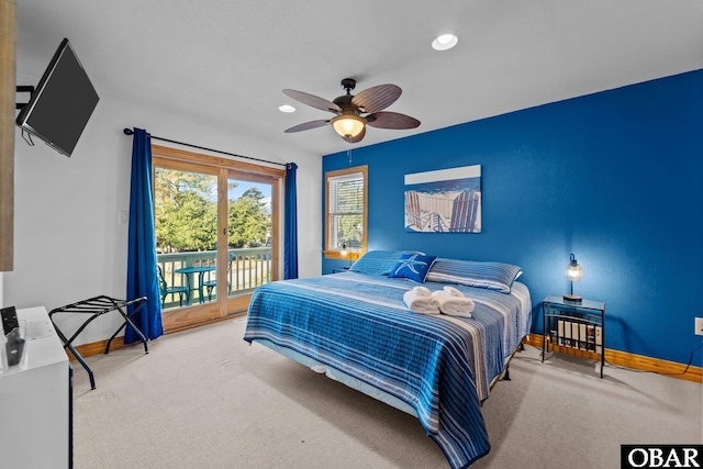 bedroom featuring access to exterior, ceiling fan, baseboards, and carpet flooring