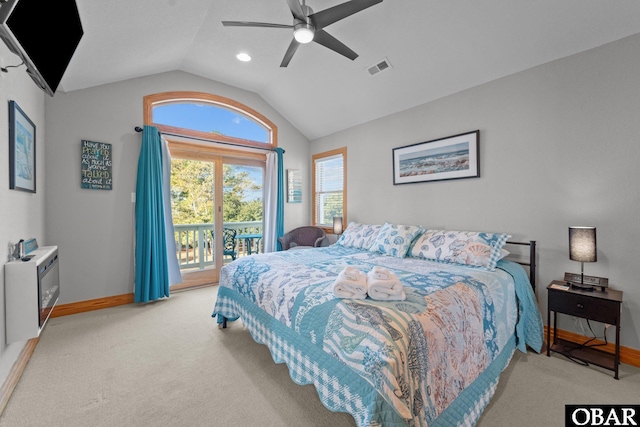 bedroom featuring access to outside, visible vents, vaulted ceiling, and light carpet