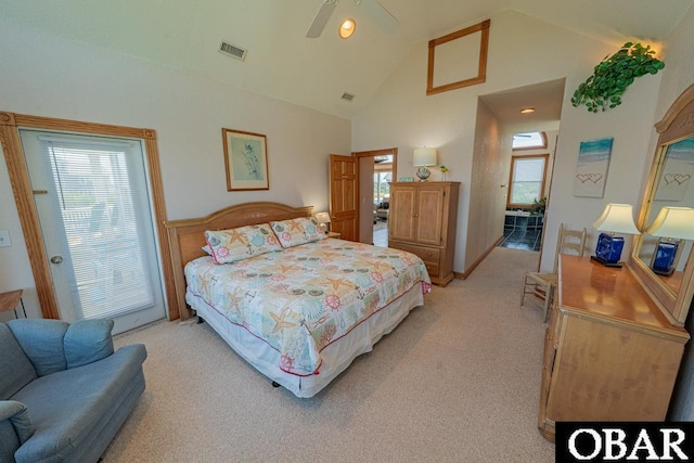 57390 Lighthouse Rd Lot 30, Hatteras, NC 27943 - bedroom featuring light carpet, high vaulted ceiling, and a ceiling fan