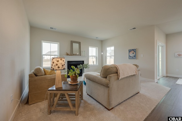 living area with light wood finished floors, baseboards, a fireplace, and visible vents