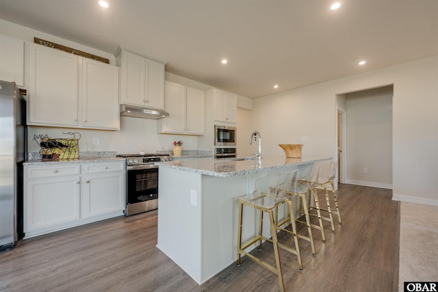 kitchen featuring appliances with stainless steel finishes, recessed lighting, a sink, and under cabinet range hood