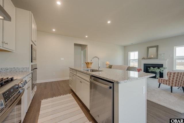 kitchen with under cabinet range hood, a sink, a healthy amount of sunlight, appliances with stainless steel finishes, and an island with sink