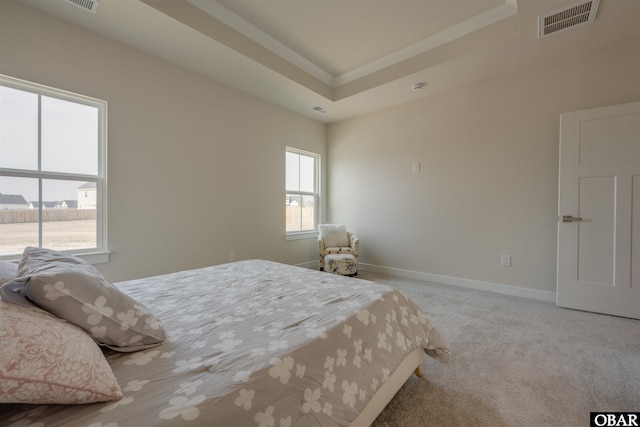 bedroom with a tray ceiling, carpet flooring, visible vents, and baseboards