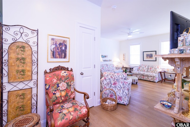 interior space featuring a ceiling fan and wood finished floors