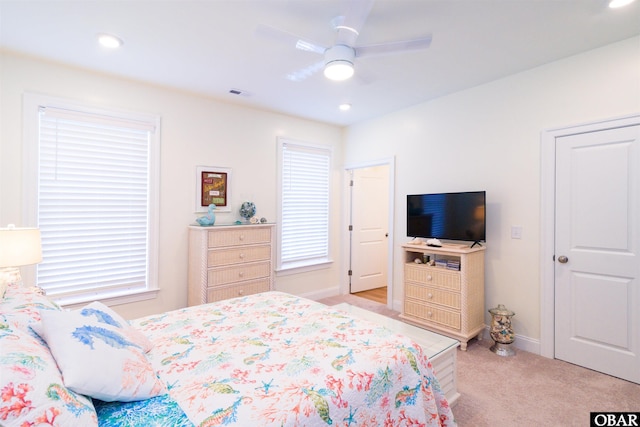 bedroom featuring recessed lighting, light colored carpet, visible vents, ceiling fan, and baseboards