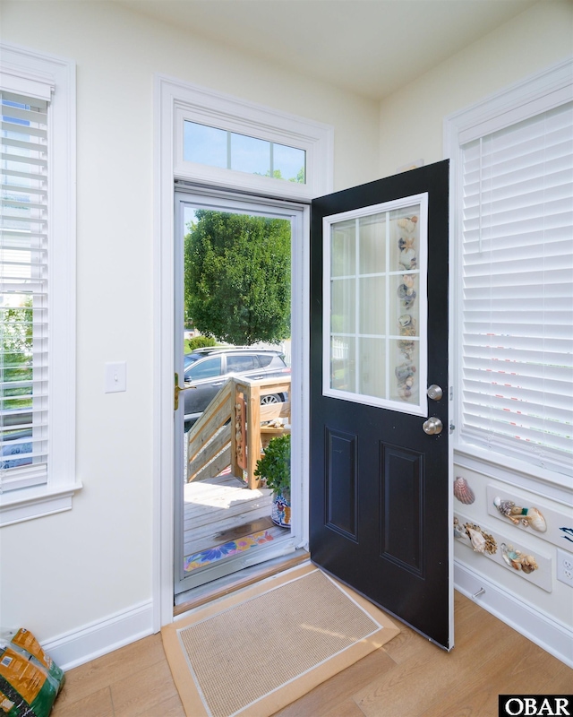 entryway with baseboards and wood finished floors