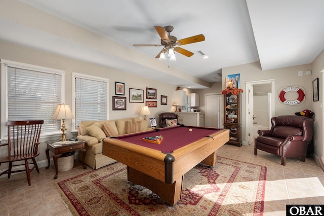 rec room featuring billiards, light tile patterned floors, visible vents, and ceiling fan