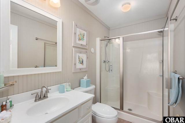 full bath featuring visible vents, a shower stall, toilet, and vanity