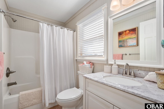 full bath featuring vanity, toilet, and shower / bathtub combination with curtain