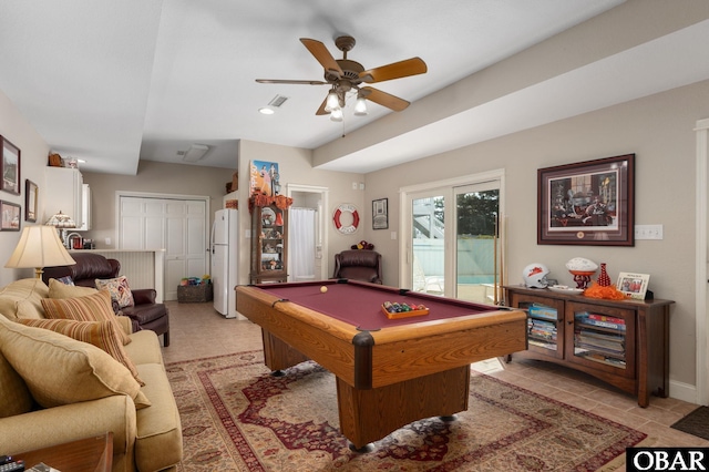 game room featuring billiards, recessed lighting, light tile patterned flooring, baseboards, and ceiling fan